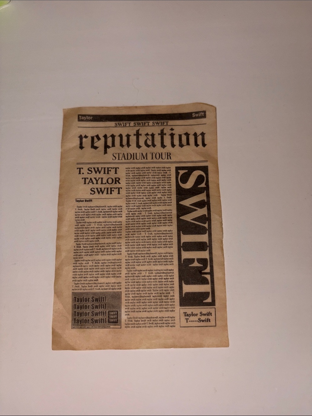 Real piece of 2018 Reputation Stadium Tour Newspaper Confetti